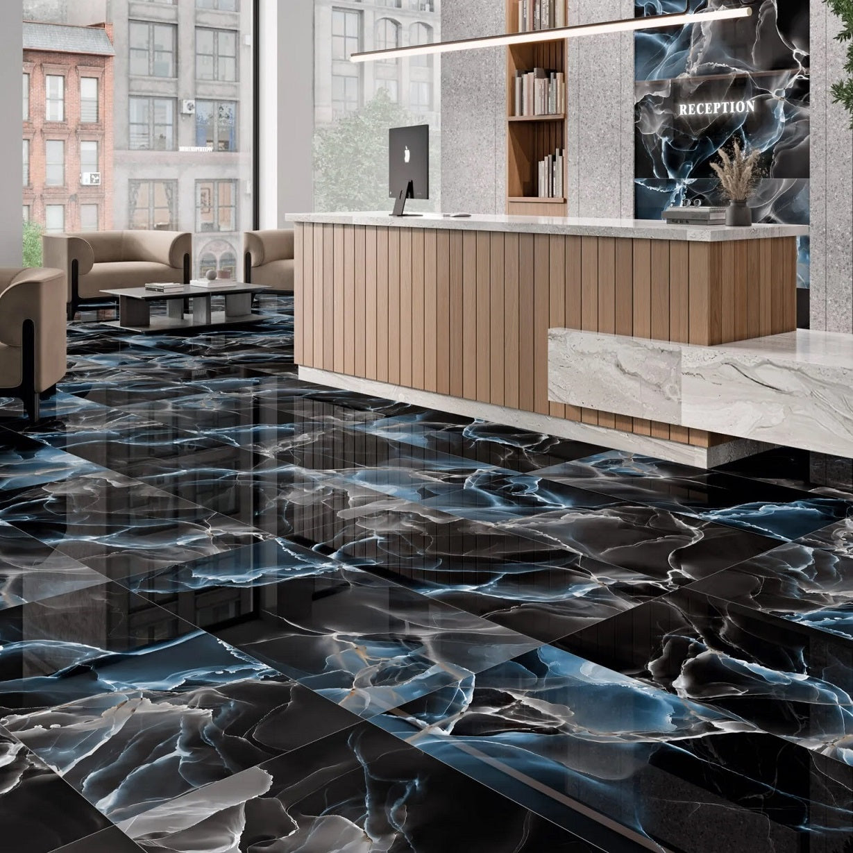 Storm polished porcelain tile with a 3D black and blue marble design, for floors and walls. Installed in a room.