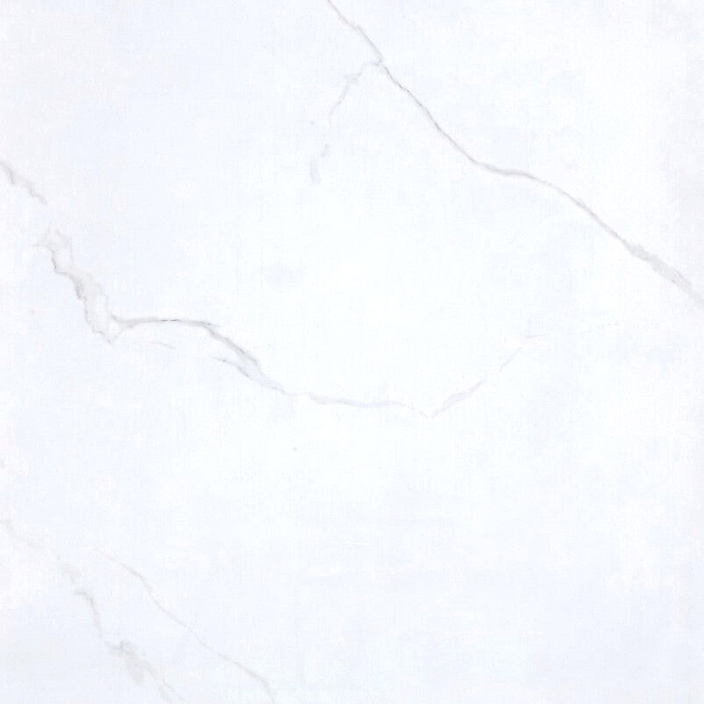 Sunflare polished porcelain tile in a white marble style with light grey veining for floors and walls. In a 48x48" size.