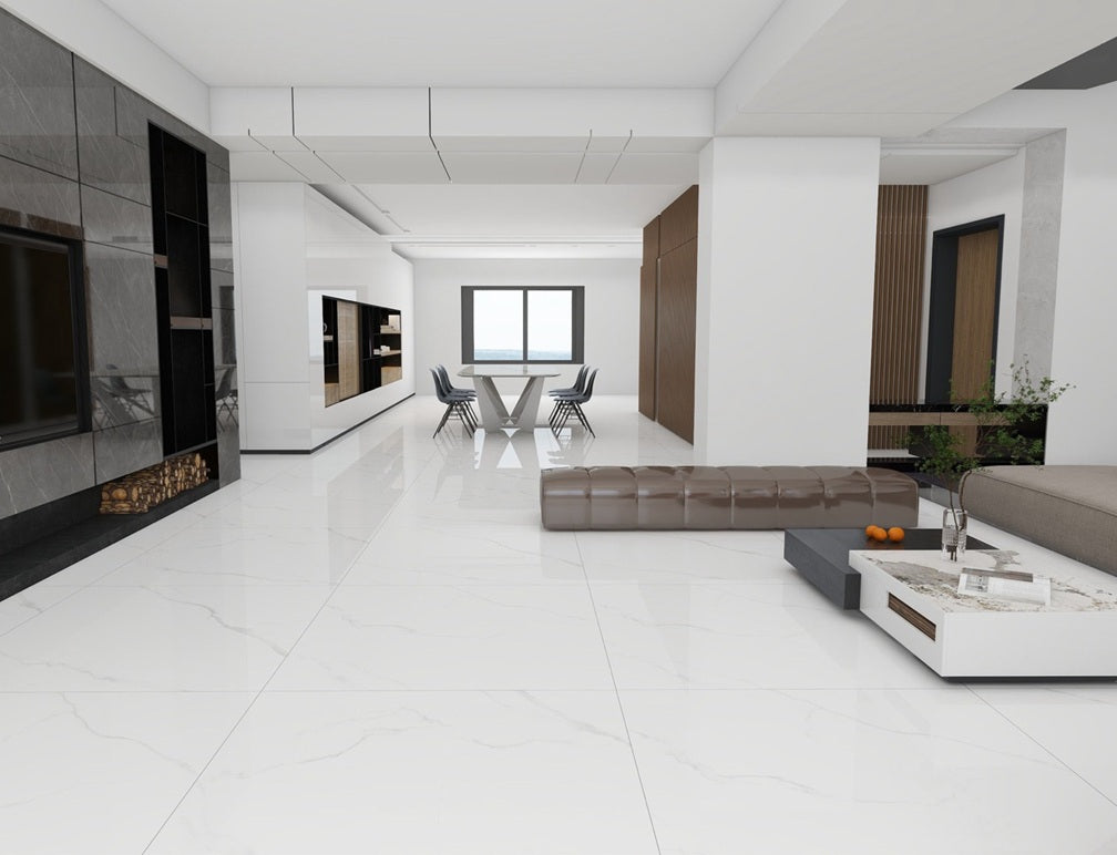 Sunflare polished porcelain tile in a white marble style with grey veining for floors and walls. Installed in a room.