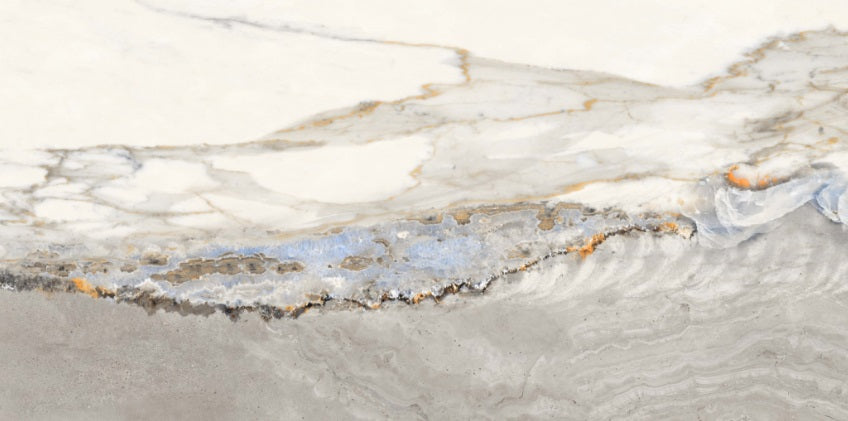Susey Multi polished porcelain tile with a white, grey, and blue marble design, for floors and walls. In a 24x48" size.