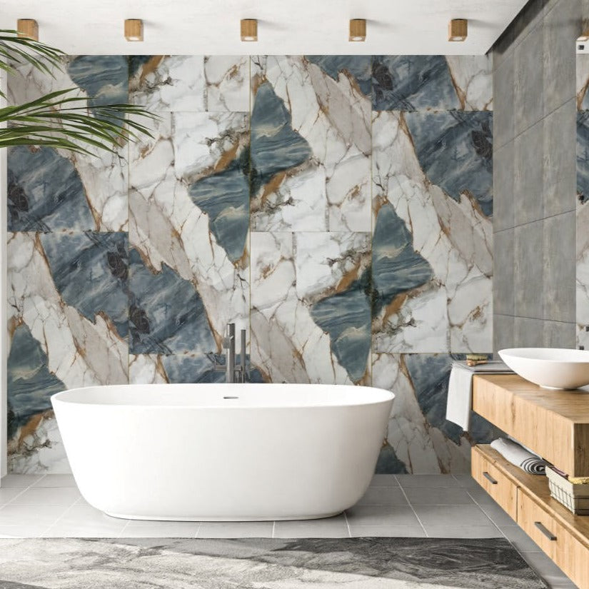 Sytti Stone polished porcelain tile with a white, blue and brown marble style for floors and walls. Installed in a room.