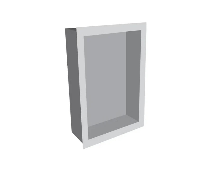 Thassos White prebuilt shower niche made of engineered stone that offers shower storage, without a shelf.