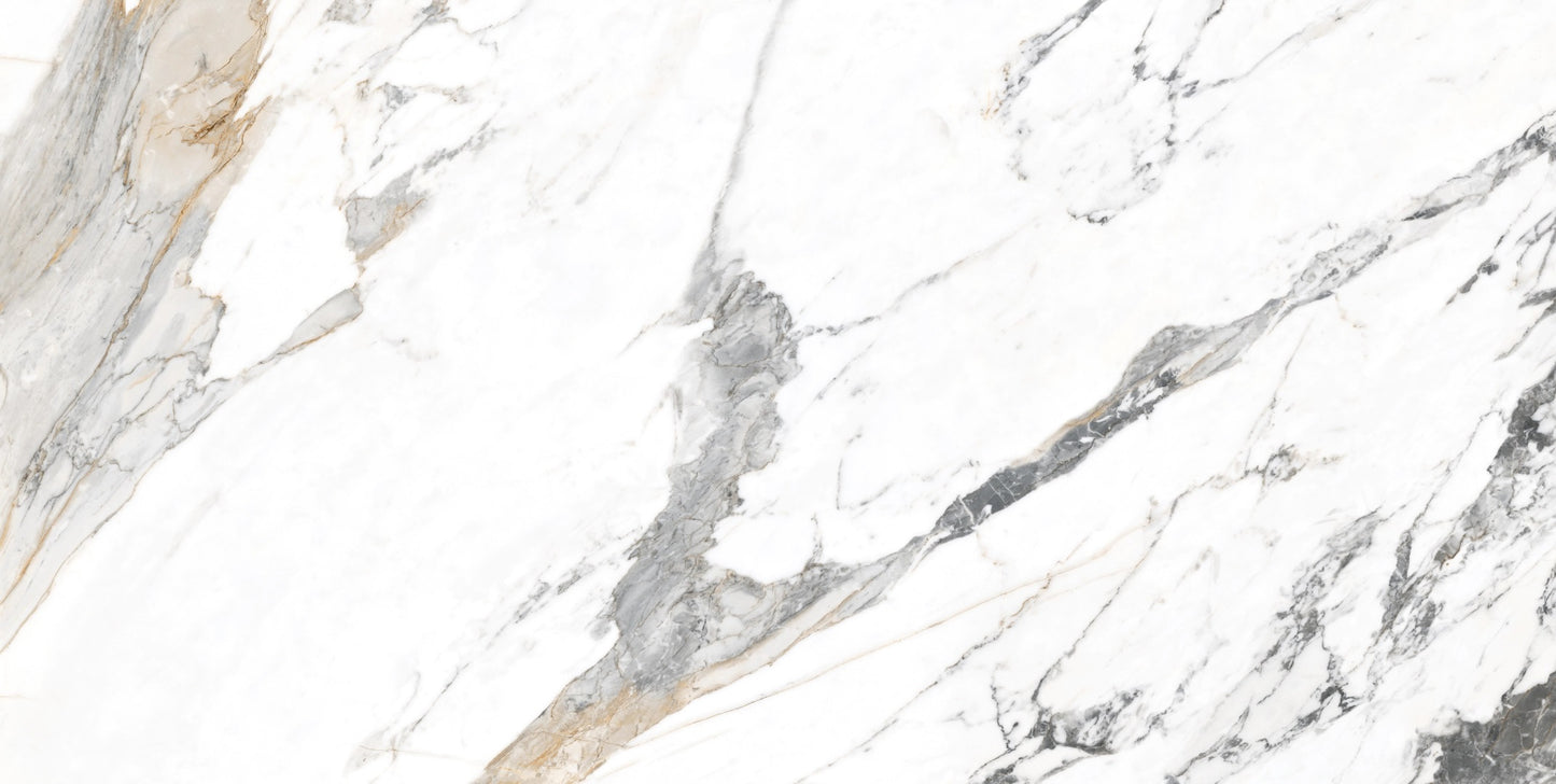 Tinenza matte porcelain tile with a white, gold, and silver marble design, for floors and walls. In a 24x48" size.