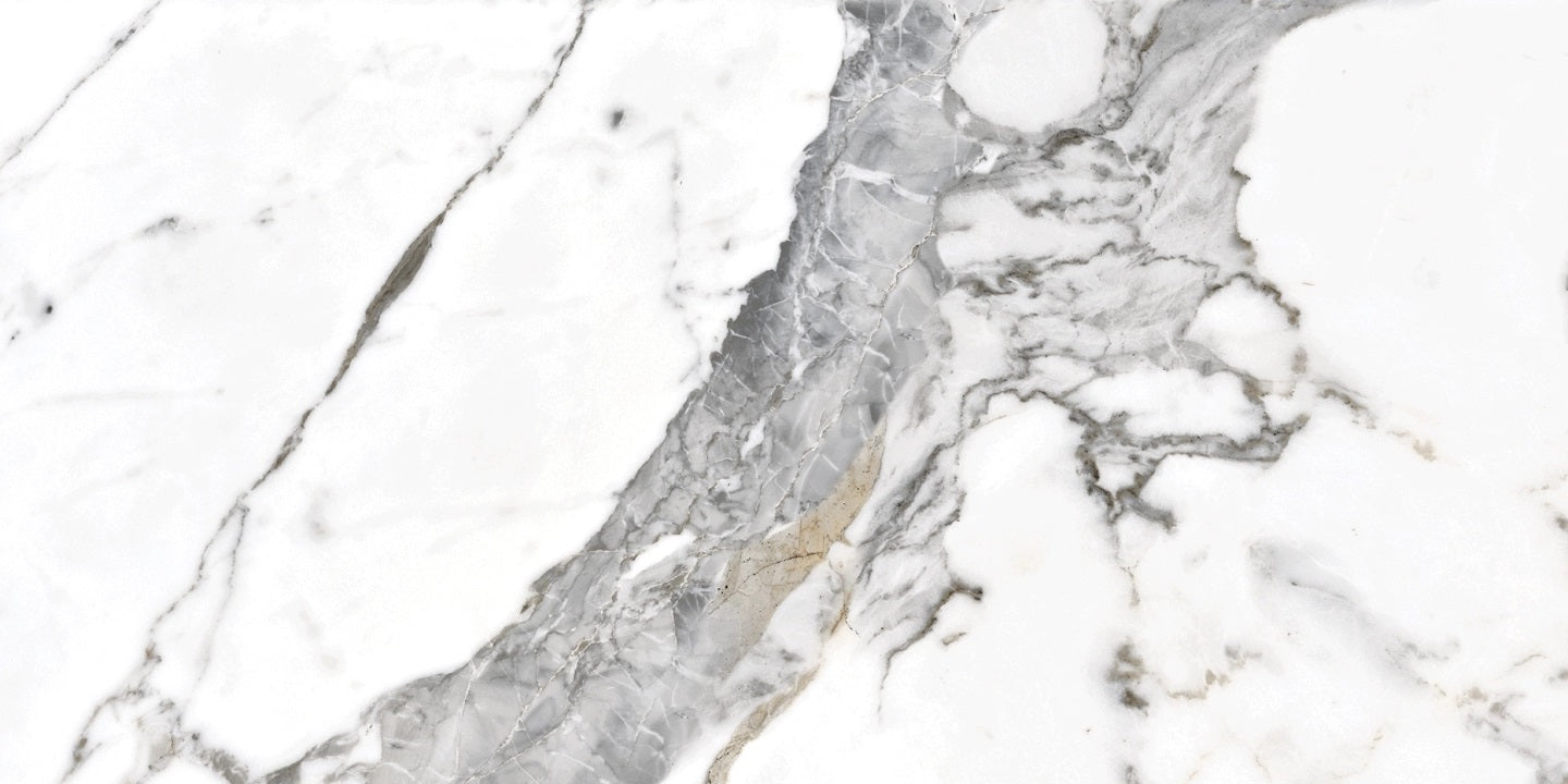 Tinenza polished porcelain tile with a white, gold, and silver marble design, for floors and walls. In a 24x48" size.
