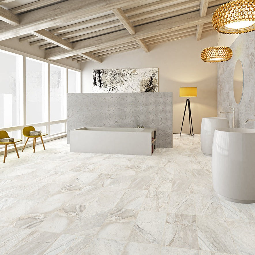 Utah Glacier matte porcelain tile with a white stone design, for floors and walls. Made in Italy, installed in a room.