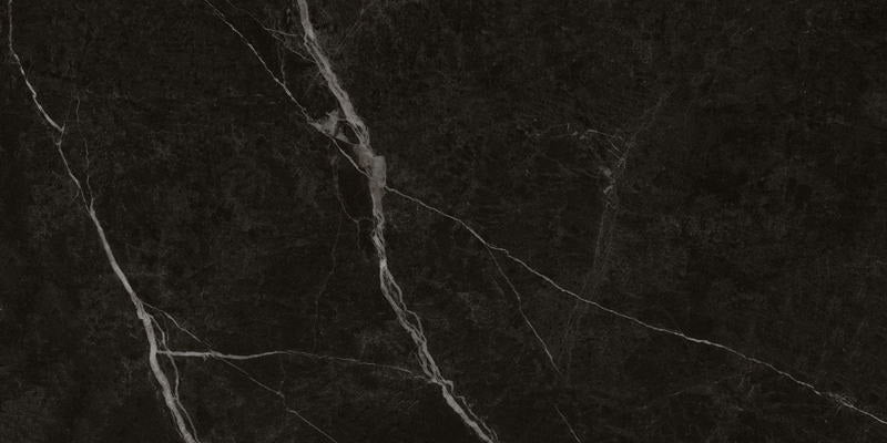 Valentina polished porcelain tile with a black and white marble design, for floors and walls. In a 12x24" size.