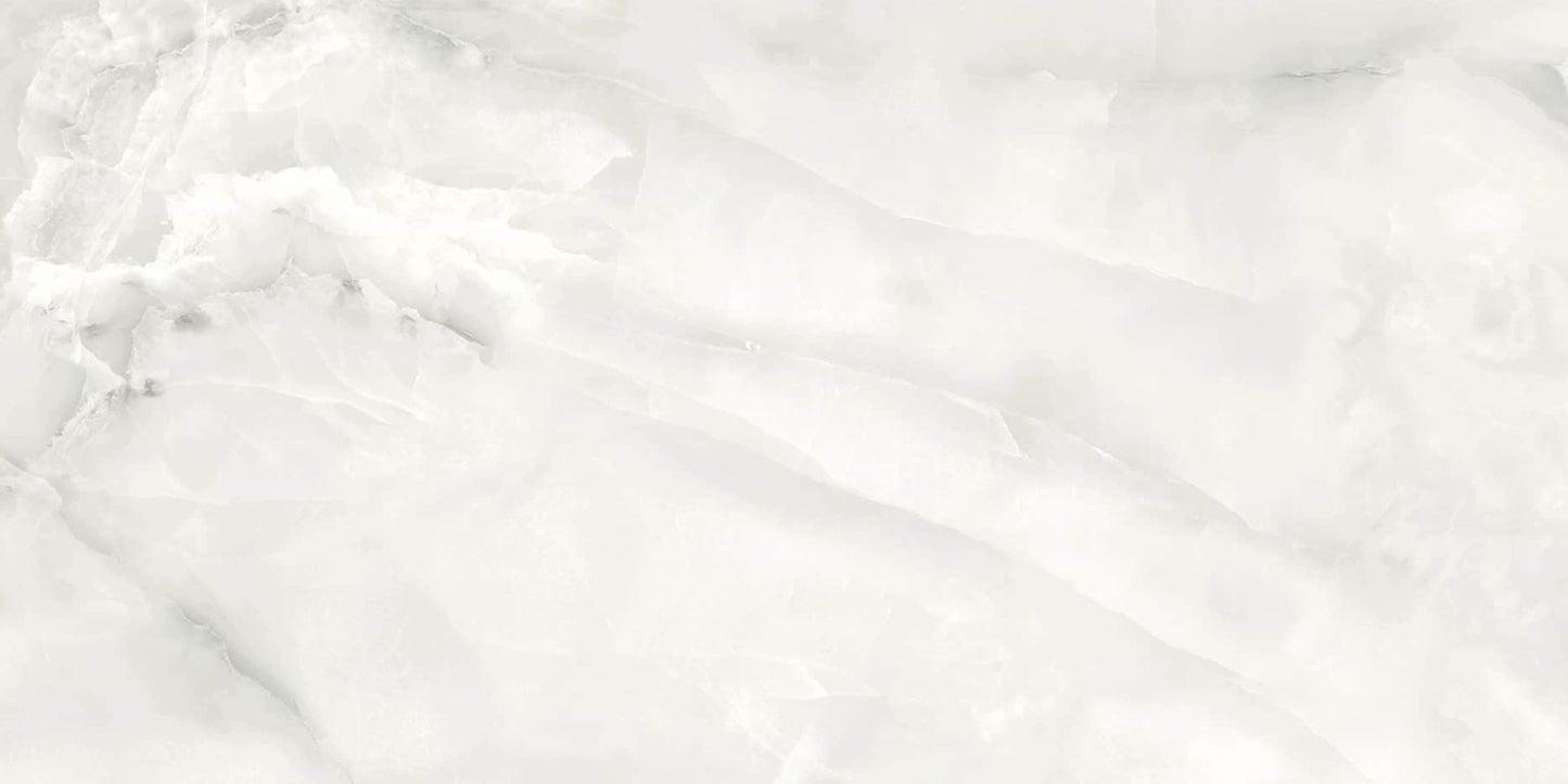 Venus White polished porcelain tile with a white onyx design, for floors and walls. Made in Spain, in a 24x48" size.