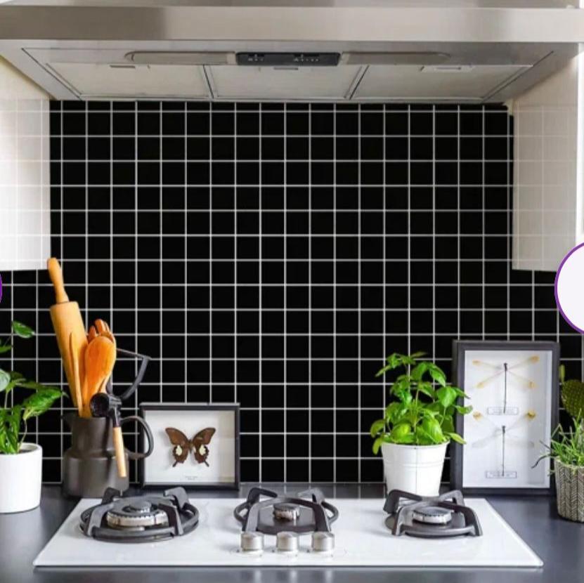 Vintage Avalanche pure black square porcelain mosaic, for floors and walls. Installed on a backsplash.