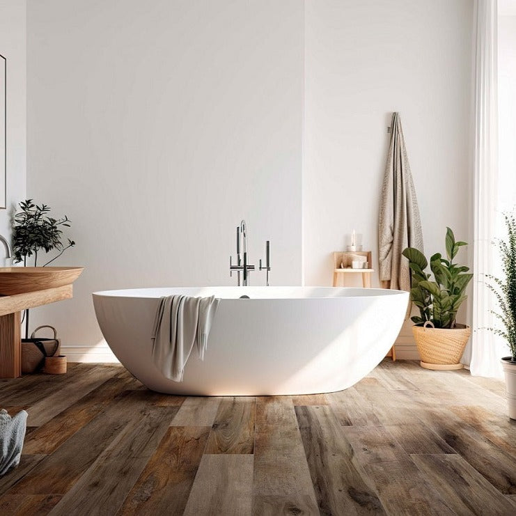 Vintage Marrone matte porcelain tile with a brown wood design, for floors and walls. Made in Italy, installed in a room.