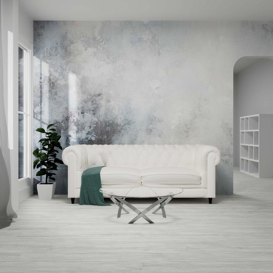 Vintage Sbiancato matte porcelain tile with a wood design, for floors and walls. Made in Italy, installed in a room.