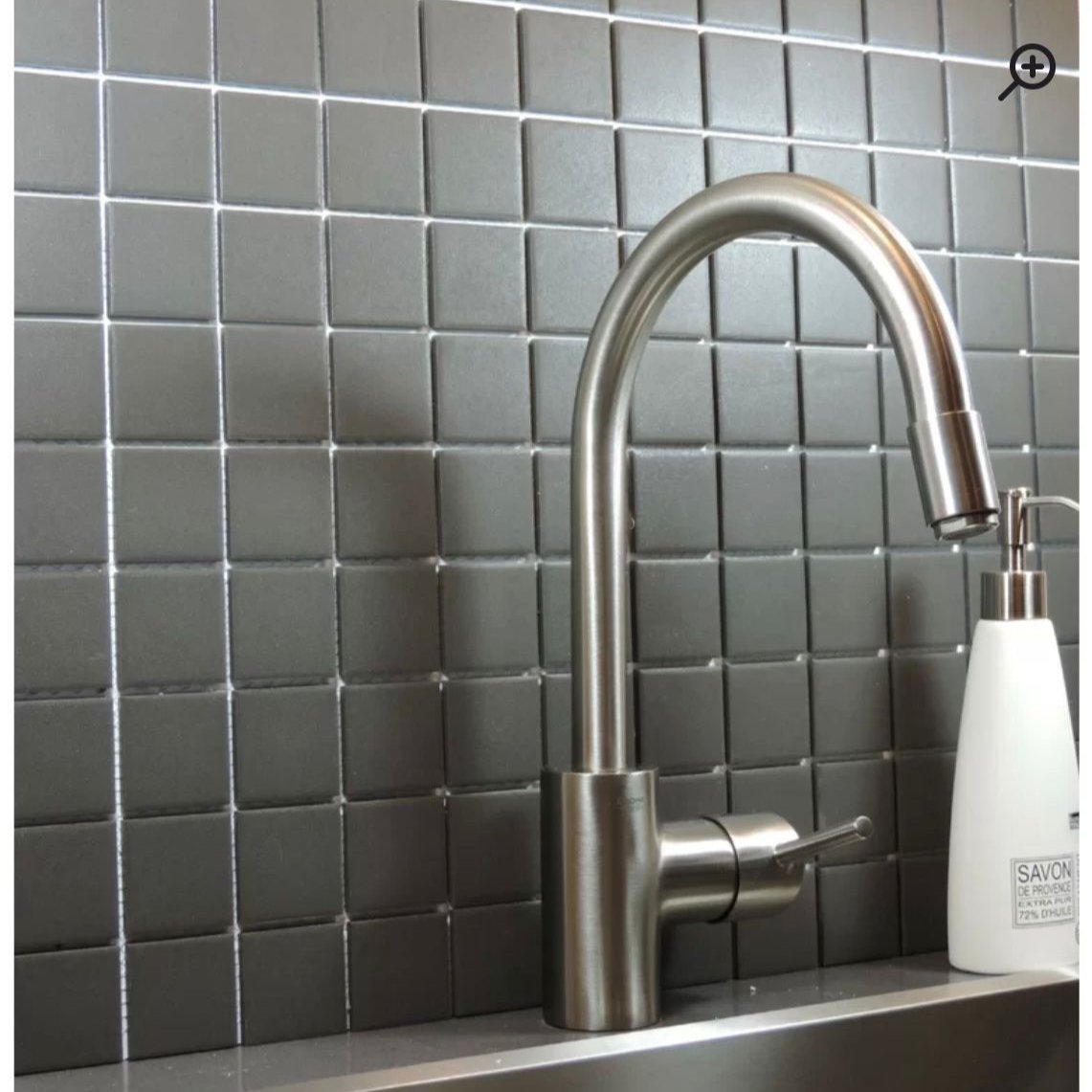Vintage Shadow pure dark grey square porcelain mosaic, for floors and walls. Installed on a backsplash.