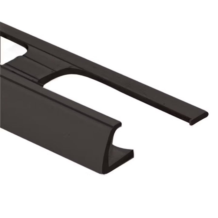Black coloured vinyl plastic tile moulding/trim with a 3/8" or 1/4" thickness.