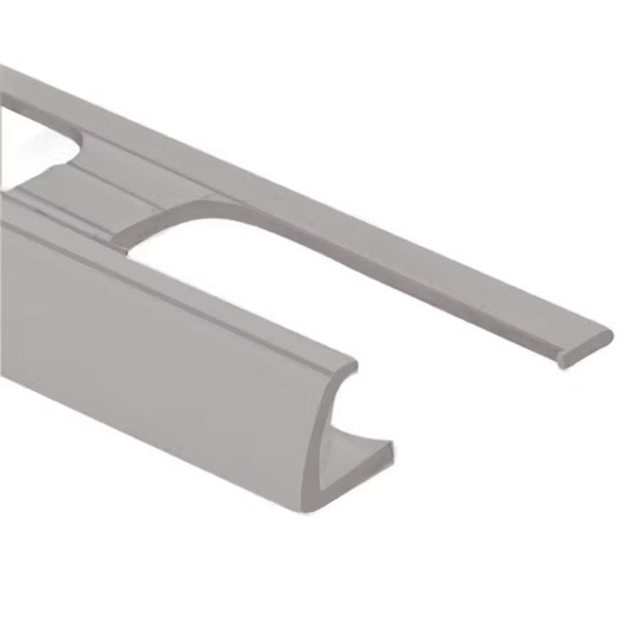Grey coloured vinyl plastic tile moulding/trim with a 3/8" or 1/4" thickness.