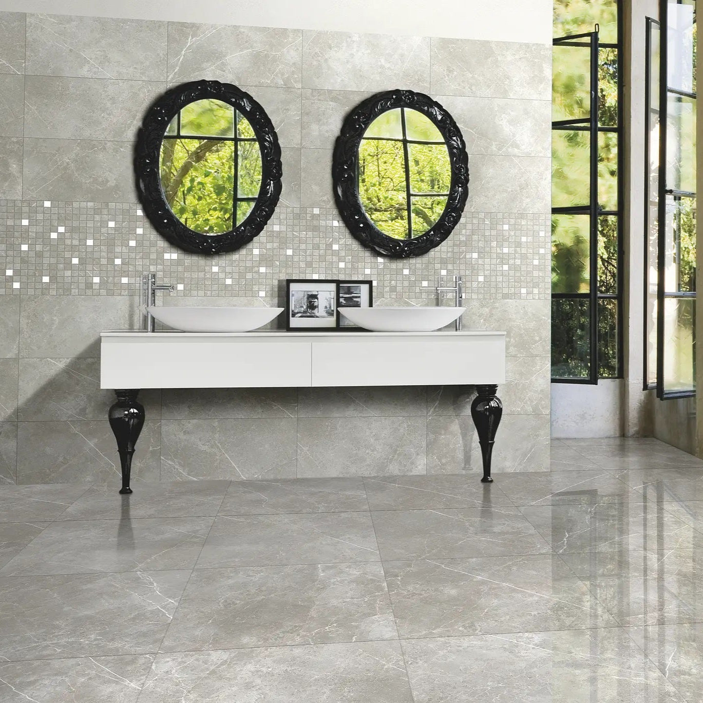 Vision Ash grey stone look polished porcelain tile for floor and wall made in Italy. Installed in room.