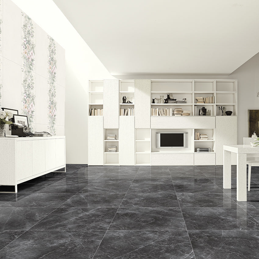 Vision Black marble style polished porcelain tile for floor and wall made in Italy. Installed in a room.