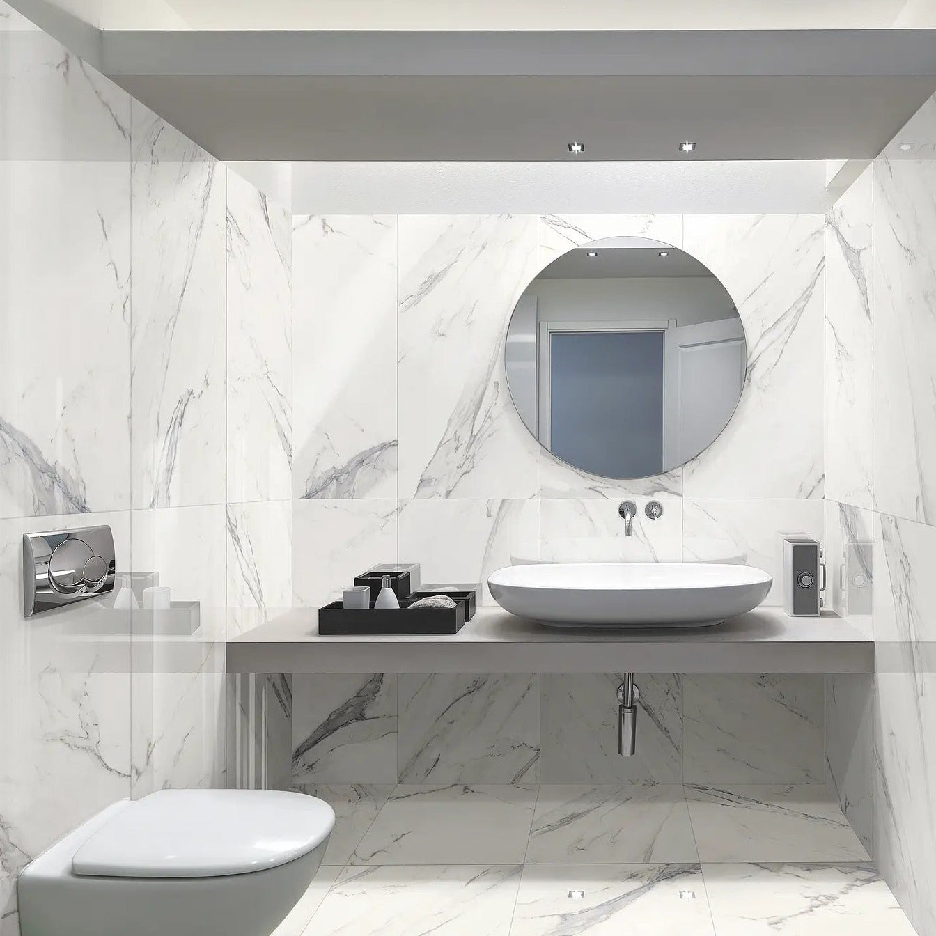 Vision Calacatta Grey white marble style polished porcelain tile for floor and wall made in Italy. Installed in room.