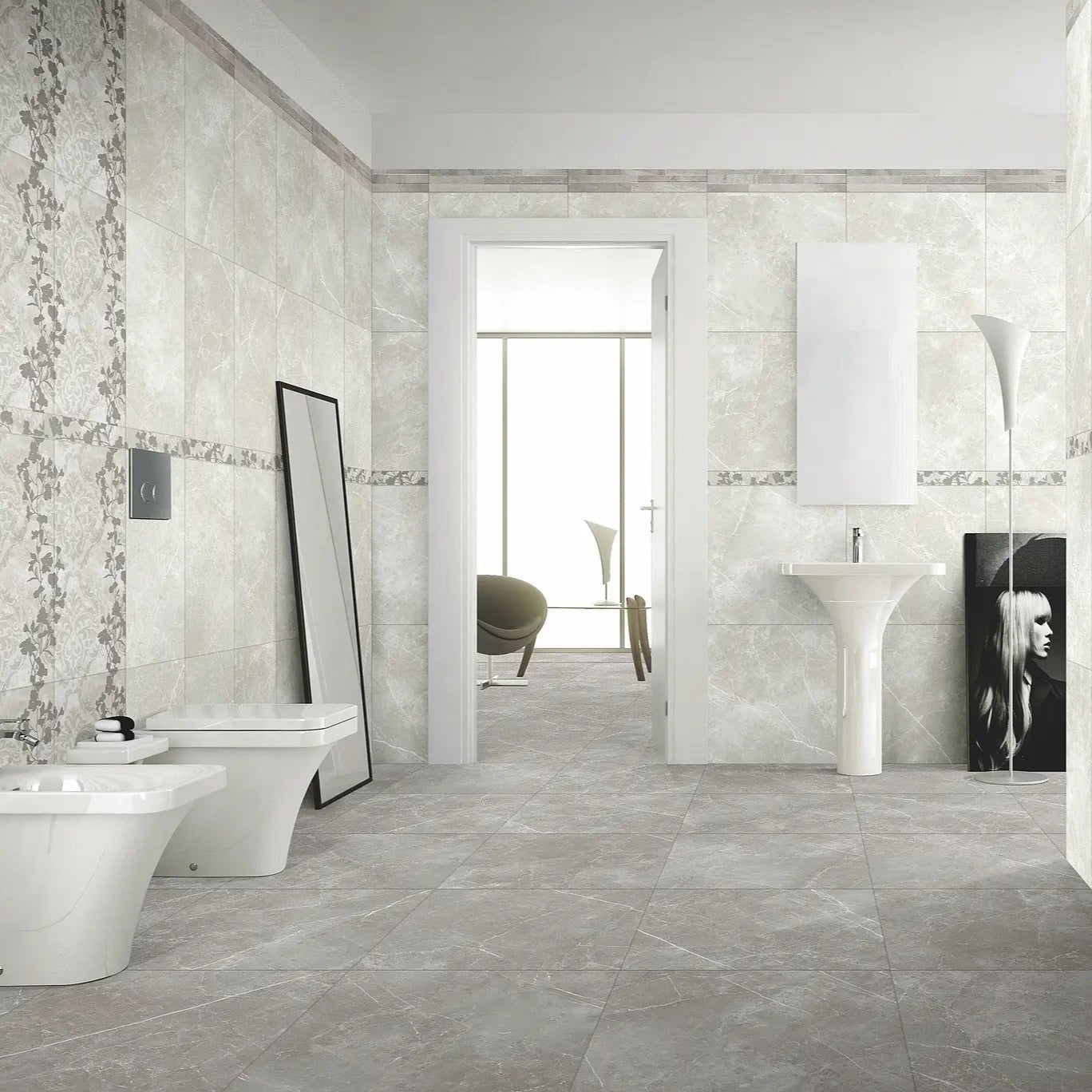 Vision Pearl light grey stone look polished porcelain tile for floor and wall made in Italy. Installed in room.
