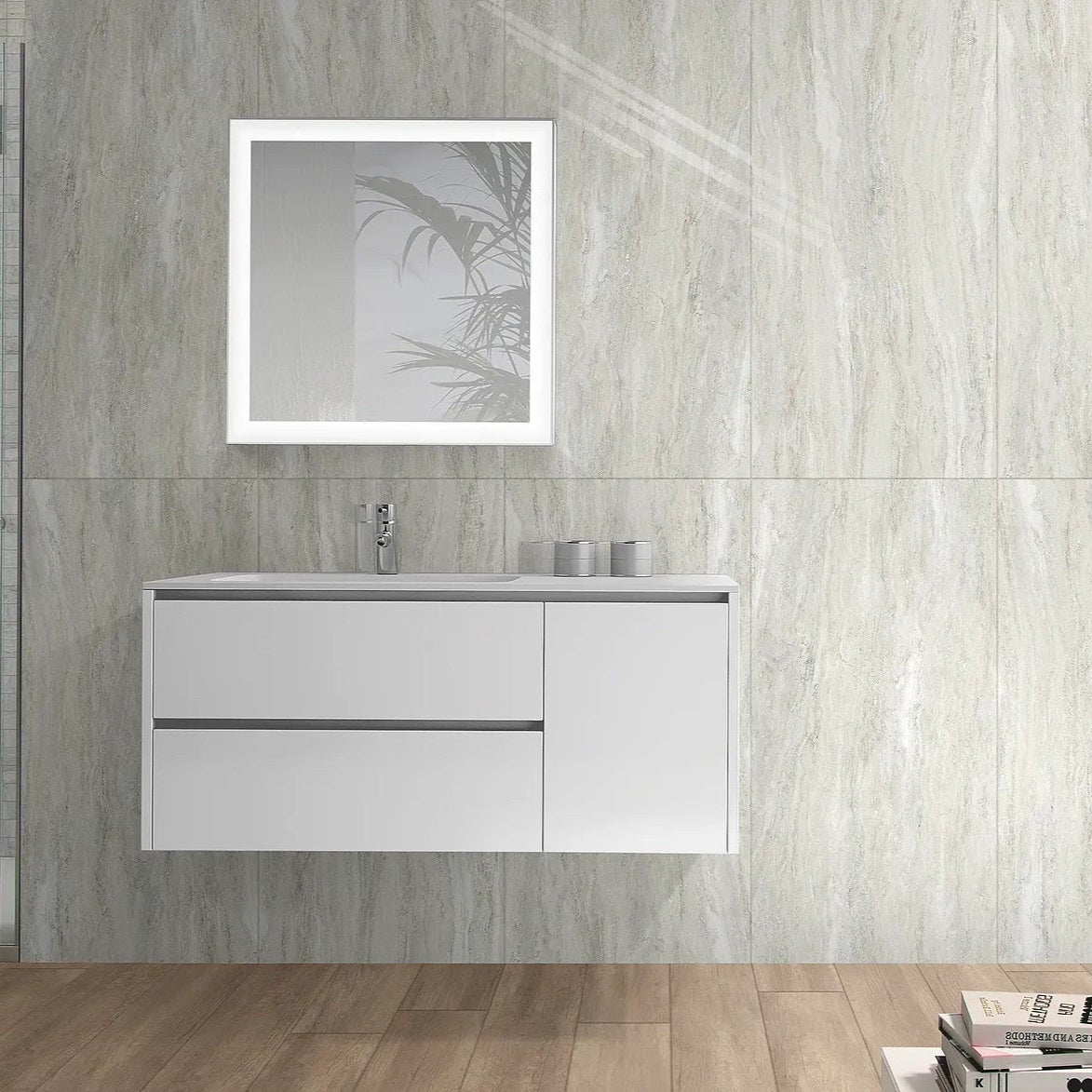 Vision Tivoli polished porcelain tile with a stone-look design, for floors and walls. Made in Italy, installed in a room.