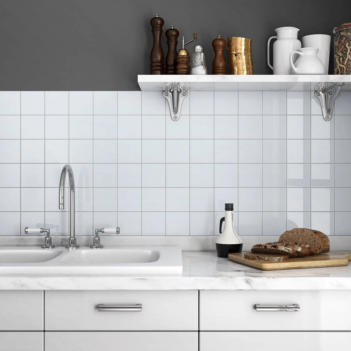 Vivid White pure white glossy finish subway tile for backsplashes and feature walls. In a 6x6" size.