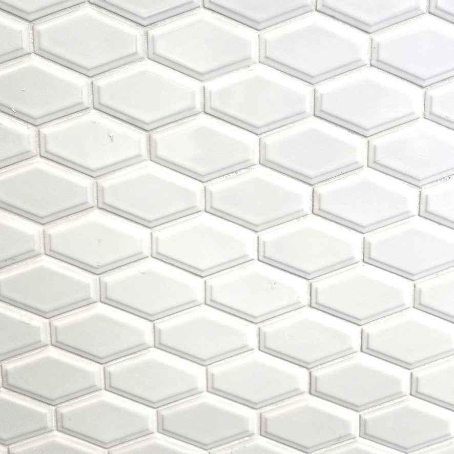 Pure white glossy mosaic tile with a beveled hexagon shape, for walls and backsplashes.