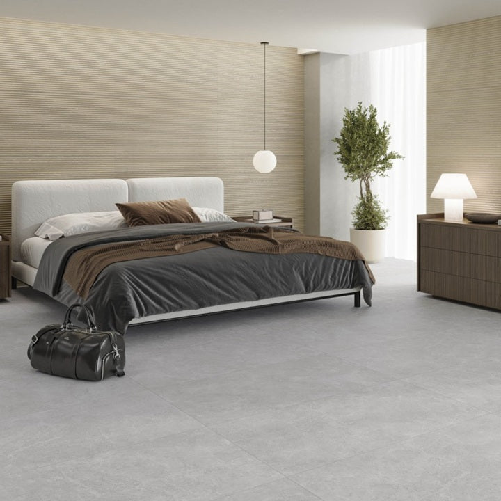 Woodlay Oak matte porcelain tile with a fluted wood design, for feature walls. Made in Spain, installed in a bedroom.