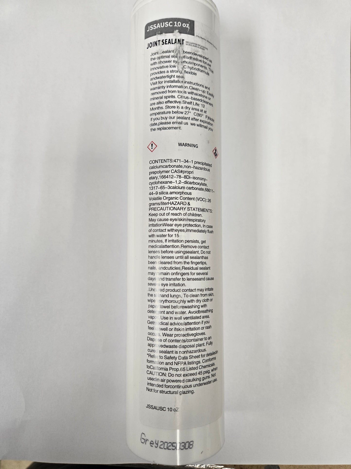 Tube of joint sealant for extruded polystyrene (XPS) foam tile backer boards.
