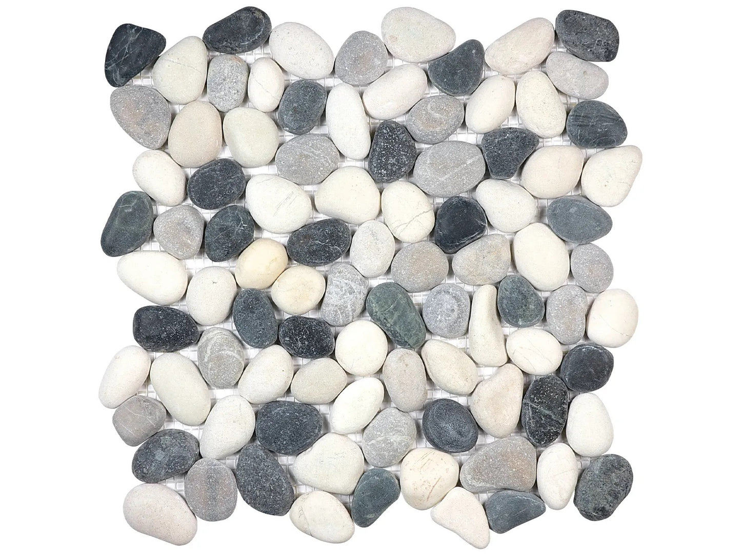 Zen Tranquil Cool natural stone pebble mosaic with white, black, and grey colours. In a natural rounded finish.