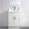24 inch white MDF bathroom vanity with a white quartz top, 2 doors, a chrome faucet, and black handles.