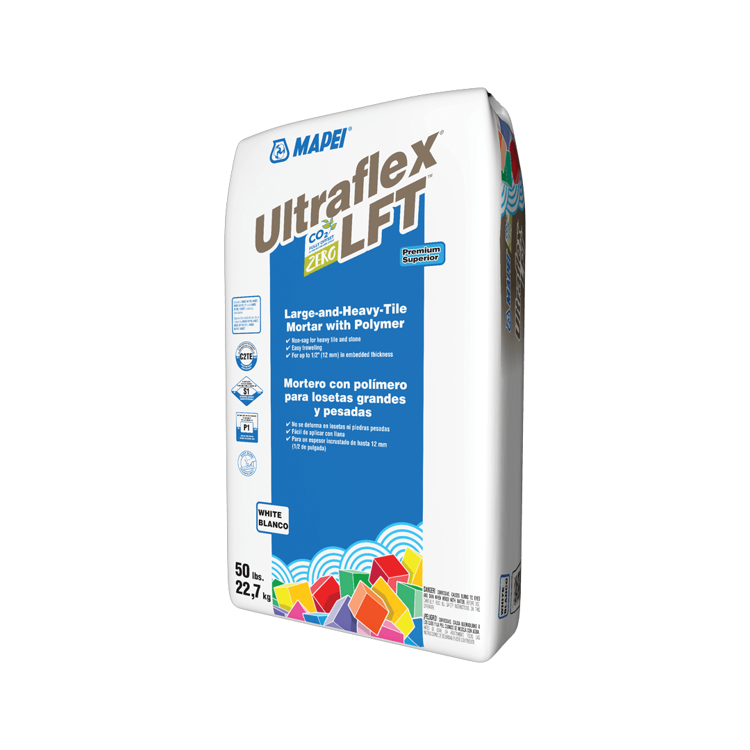 Mapei Ultraflex LFT cement/mortar for large format tiles, in a 50 lb bag, in a grey or white colour.