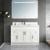 48 inch white MDF bathroom vanity with a white carrara quartz top, a chrome faucet, and black handles.