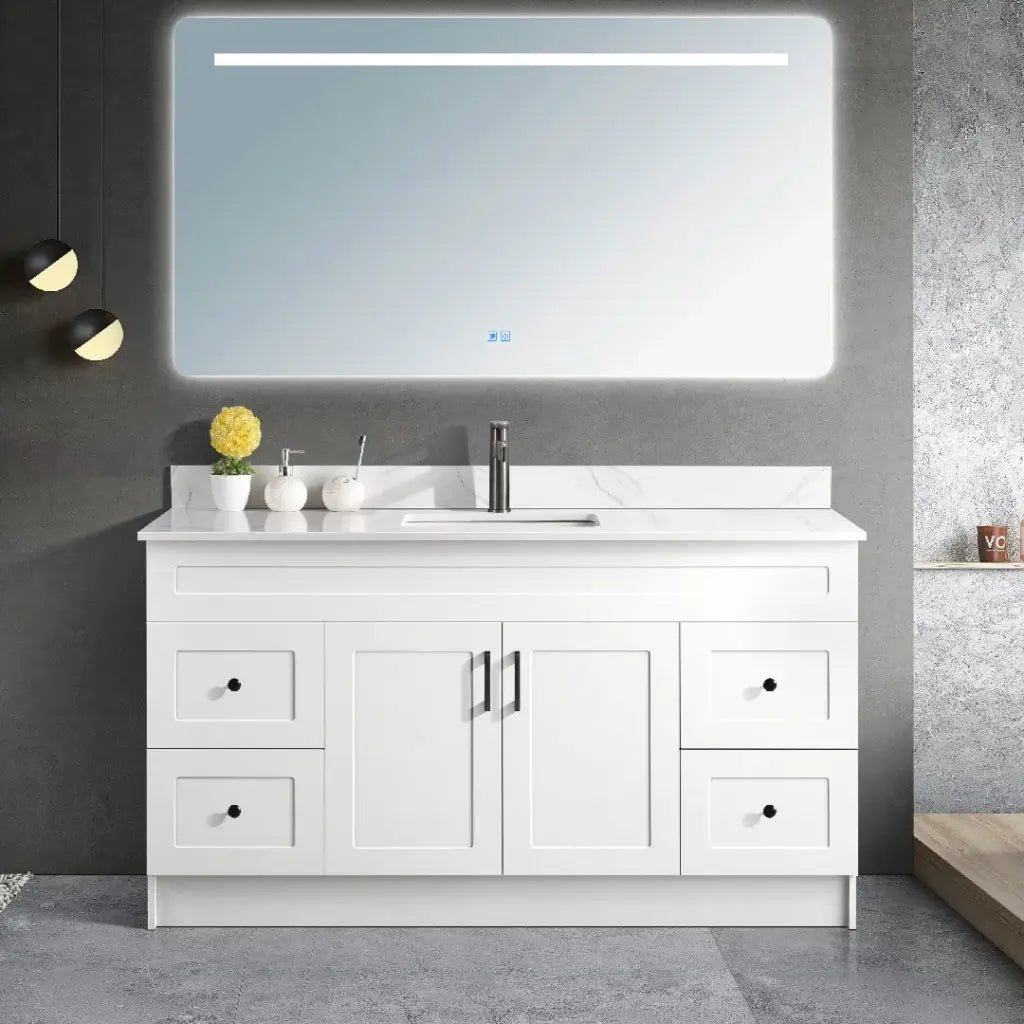 60 inch white MDF bathroom vanity with a white carrara quartz top, doors and drawers, a chrome faucet, and black handles.