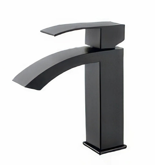 Model 26 waterfall style bathroom vanity single hole faucet in a brushed black colour.