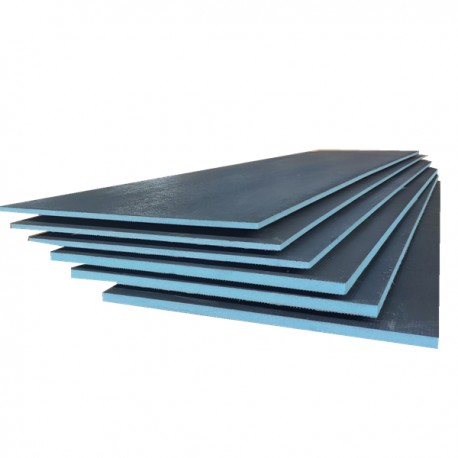Selection of extruded polystyrene (XPS) foam tile backer boards with blue foam interior and dark cement exterior.