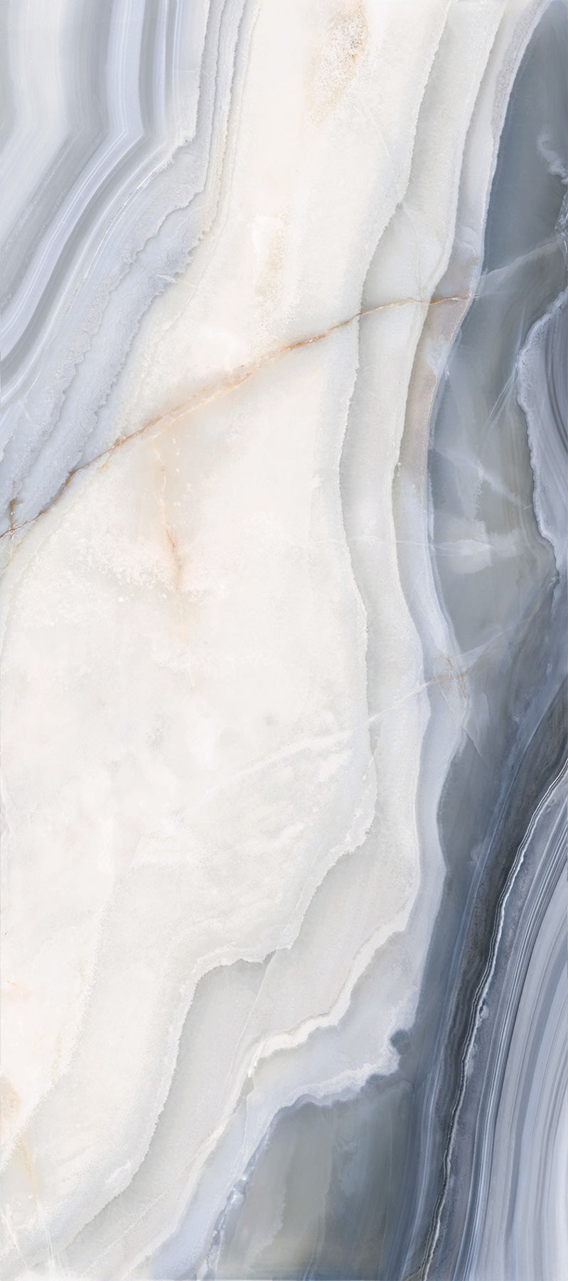 Agata Blue polished porcelain tile with a white marble design, for floors and walls. Made in Italy, in a 24x48" size.
