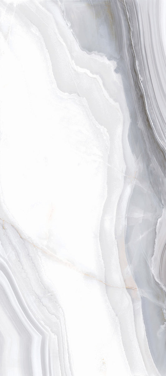 Agata Oyster polished porcelain tile with a white marble design, for floors and walls. Made in Italy, in a 24x48" size.