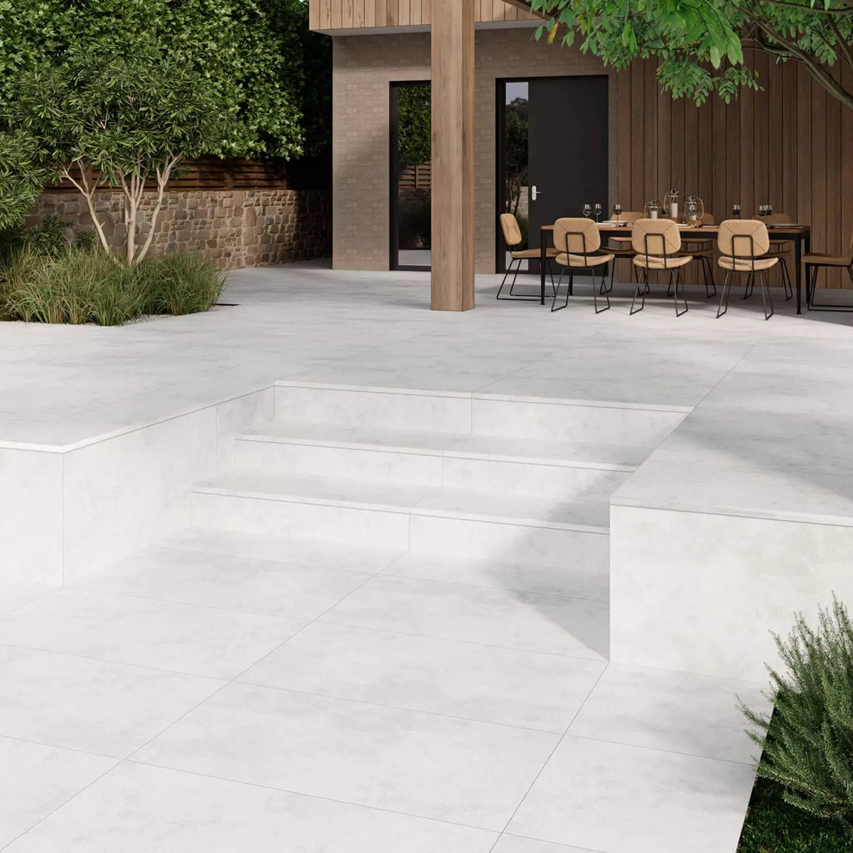 Ain Blanco matte porcelain tile with a white cement design for interior and exterior floors and wall. Installed outside.