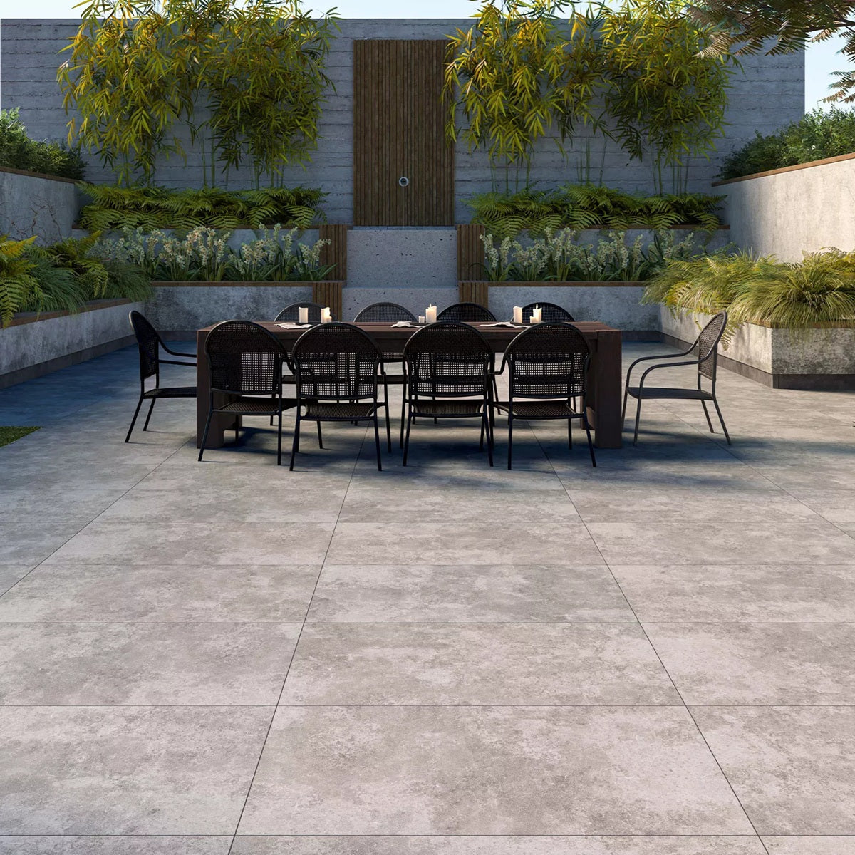 Ain Gris matte porcelain tile with a grey/taupe cement style for interior and exterior floor and wall. Installed outside