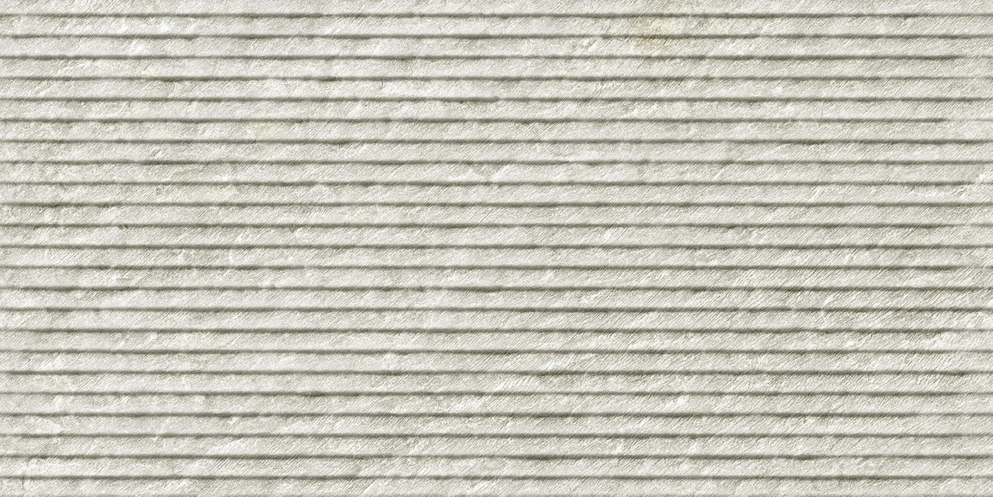 Ardena Pearl matte porcelain tile with a grey cascade design, for feature walls. Made in Spain, in a 12x24" size.