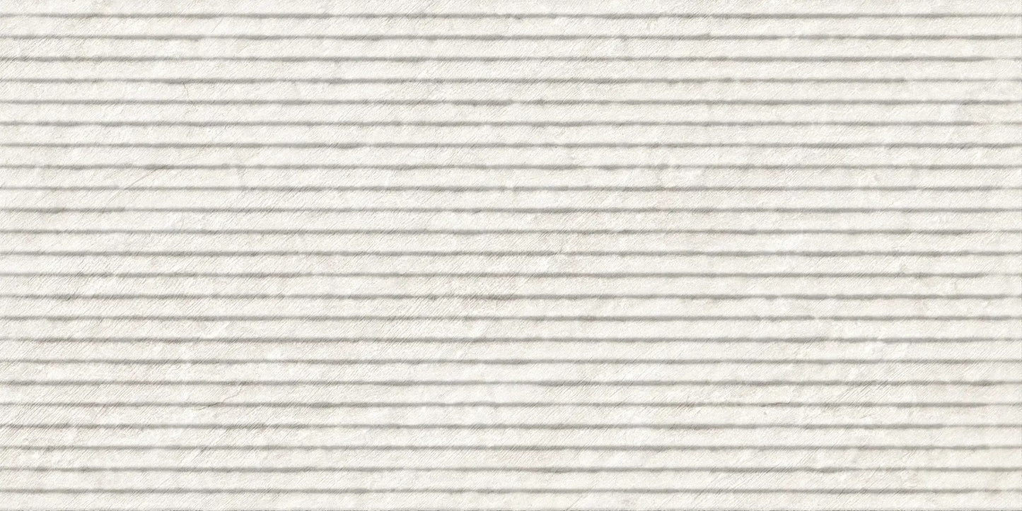 Ardena White matte porcelain tile with a white cascade design, for feature walls. Made in Spain, in a 12x24" size.