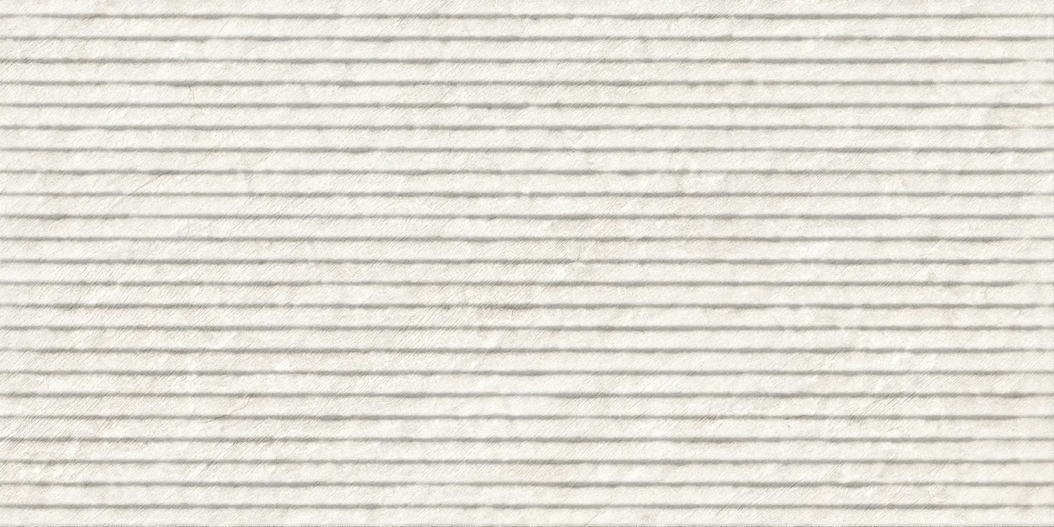 Ardena White matte porcelain tile with a white cascade design, for feature walls. Made in Spain, in a 12x24" size.