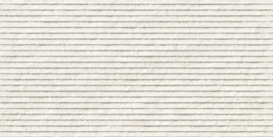 Ardena White matte porcelain tile with a white cascade design, for feature walls. Made in Spain, in a 12x24" size.