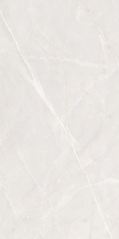 Armani Bianco polished porcelain tile with an off-white marble/stone design, for floors and walls. In a 32x64" size.