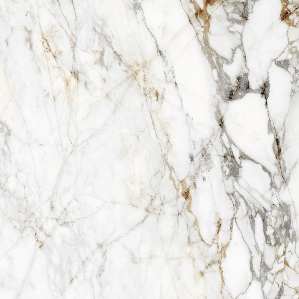 Barnaby polished porcelain tile with a white, gold, and silver marble design, for floors and walls. In a 48x48" size.