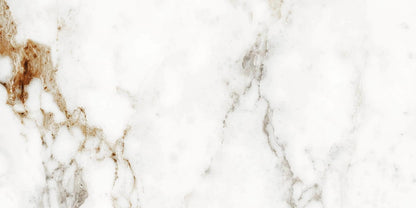 Barnaby matte porcelain tile with a white, gold, and silver marble design, for floors and walls. In a 24x48" size.