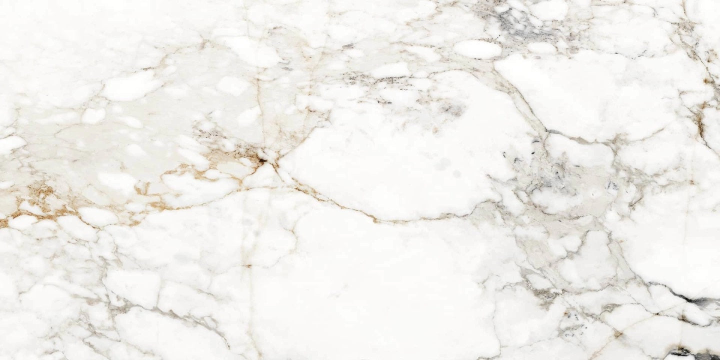 Barnaby polished porcelain tile with a white, gold, and silver marble design, for floors and walls. In a 24x48" size.