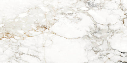 Barnaby polished porcelain tile with a white, gold, and silver marble design, for floors and walls. In a 24x48" size.