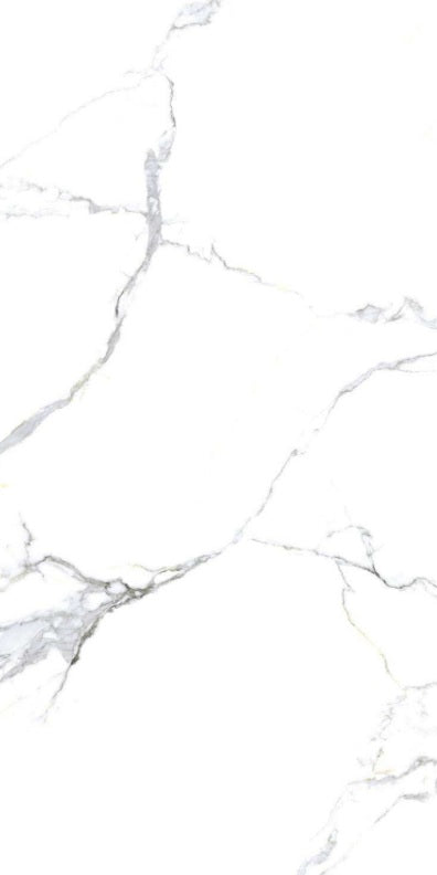 Bethany White polished porcelain tile with a white marble design, for floors and walls. In a 32x64" size.