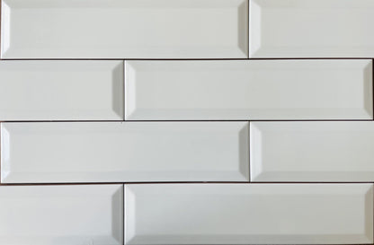Biselado Blanco white glossy ceramic subway tile with a beveled edge, for walls. Made in Spain, in a 3x12" size.
