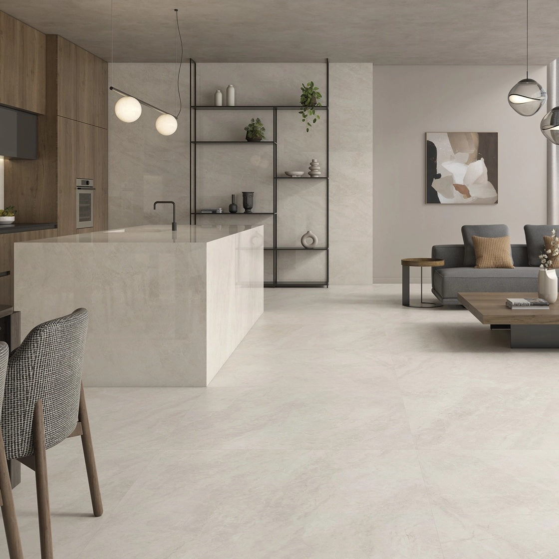 Caesars Beige polished porcelain tile with a beige quartzite design, for floors and walls. Installed in a room.
