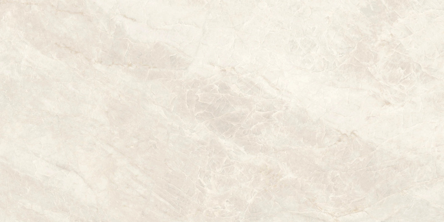 Caesars Beige polished porcelain tile with a beige quartzite design, for floors and walls. In a 24x48" size.